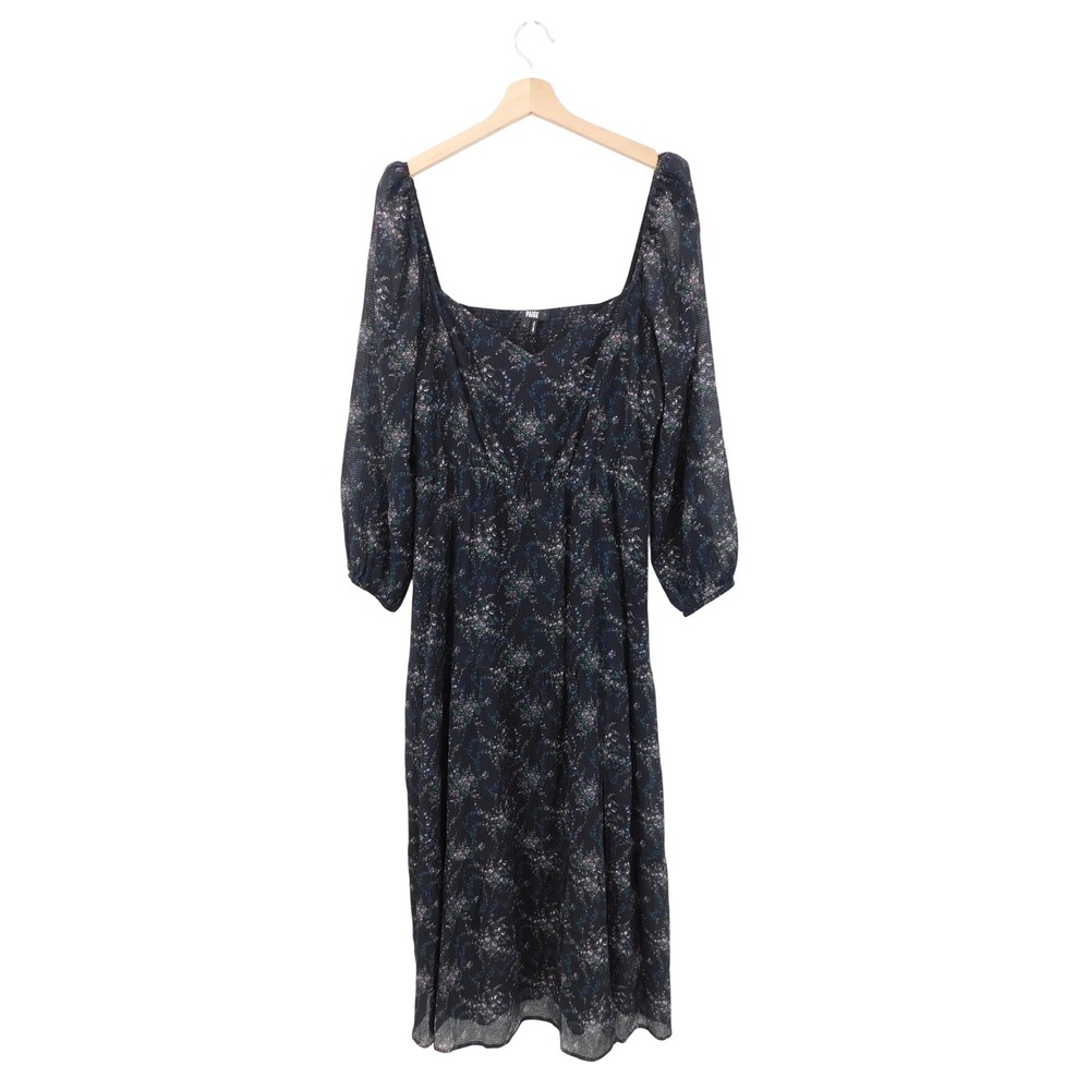 PAIGE Women's Midi Dress L Black Floral Silk Blend Libra Square Neck Long Sleeve